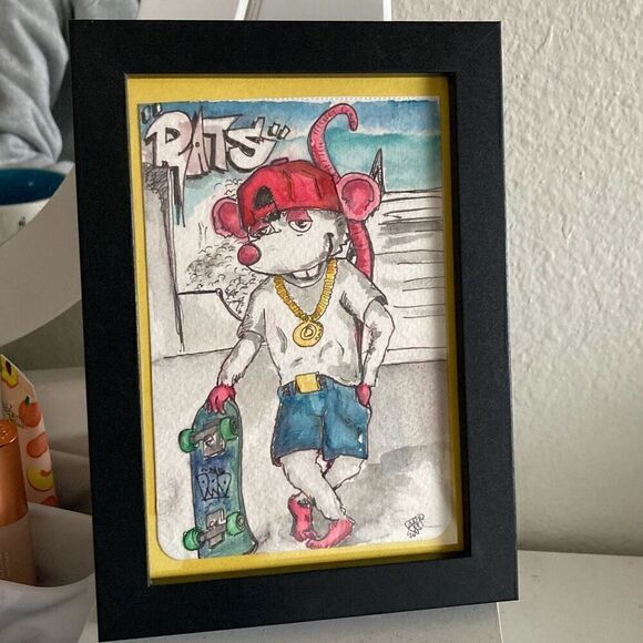Framed Watercolor and Ink Painting “rats” - Picture 2 of 6